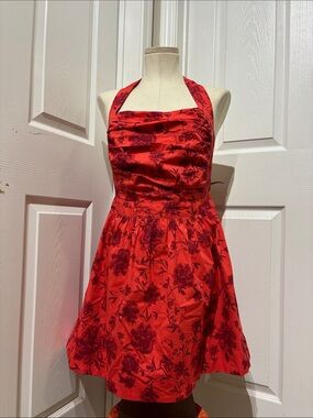 Like New Free People Red Floral Halter Fit-and-Flare Dress